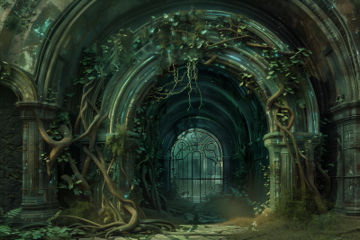 Mystical Fantasy Arched Doorway with Cybernetic Enhancements
