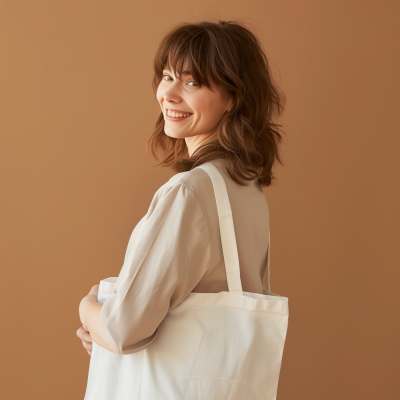 Happy Woman with Blank Tote Bag