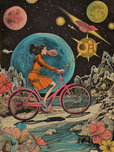 Happy Woman Riding Bicycle in Magic Dreamland