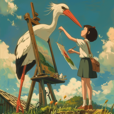 Fantastical Stork and Girl Painting