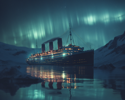 Cunard Line Ocean Liner in Icelandic Fjord at Night