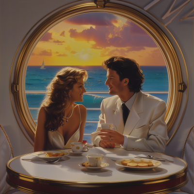 1980s Couple Having Breakfast on Ocean Liner