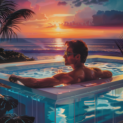 Man Contemplating Sunrise in Glass Jacuzzi