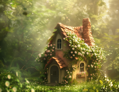 Whimsical Cottage in Misty Forest