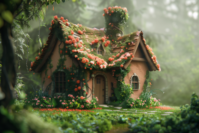 Whimsical Fairy Tale Cottage in Misty Forest