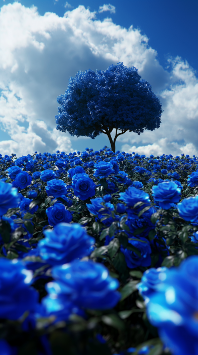Vibrant Blue Roses Field with Sequoia Tree