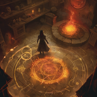 Wizard in Circular Room with Portal to Hell