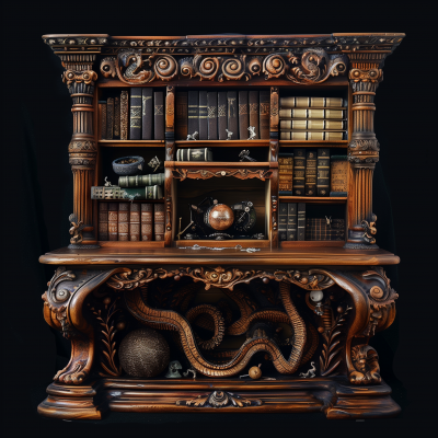 Intricately Carved Desk with Books and Artifacts