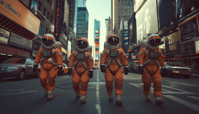 Astronauts exploring vintage Chinatown street