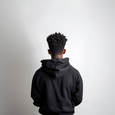 African American male with angled high top fade in plain black hoodie, back view