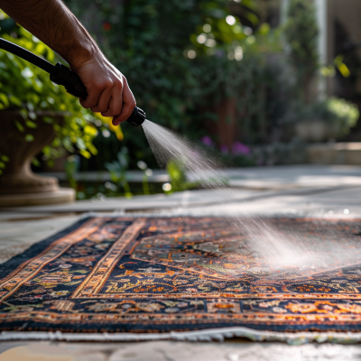 Cleaning Rug with Garden Hose Pipe