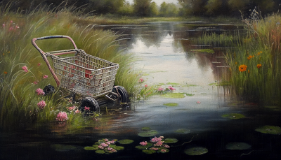 English Flowering Meadow with Abandoned Shopping Cart