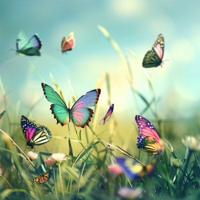 Colorful Butterflies over Green Meadow