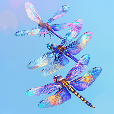 Colorful Dragonflies on Blue Background