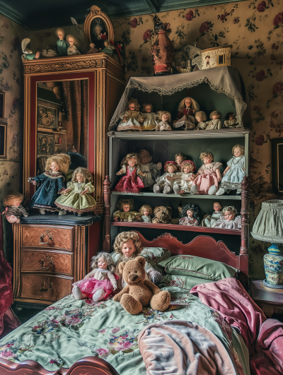 Victorian Dolls in Child’s Mansion Bedroom