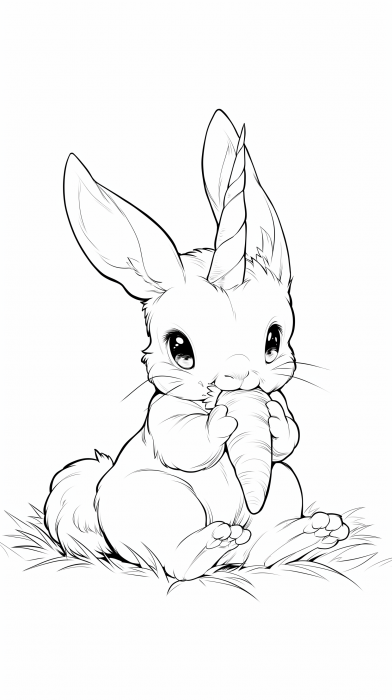 Coloring Book Illustration of a Cute Rabbit Creature with Unicorn Horn