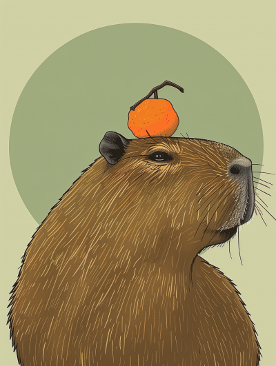 Capybara balancing tangerine on head