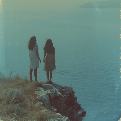 Vintage Photo of Two Teenage Girls on Cliff