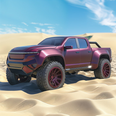 Futuristic Matte Burgundy Pickup Truck in Desert