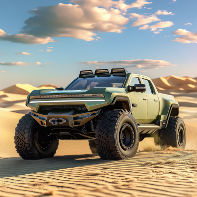 Futuristic Green Pickup Truck in Desert