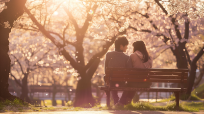 Japanese couple sitting on a bench in sunlight