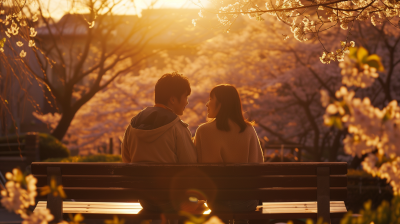 Japanese couple on a bench in spring sunlight