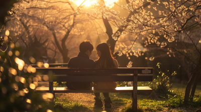 Japanese Couple on Bench in Spring Sunlight