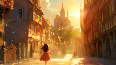 Sunlight Rays and Girl in Medieval Europe