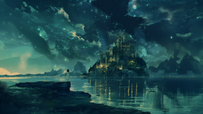Enchanted Castle on Island at Night
