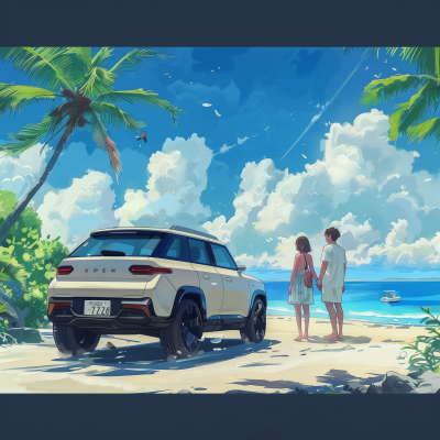 Hayao Miyazaki Style Couple on the Beach with SUV