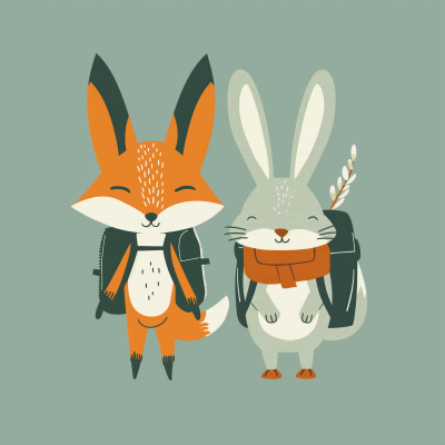 Smiling Fox and Rabbit Friends Illustration