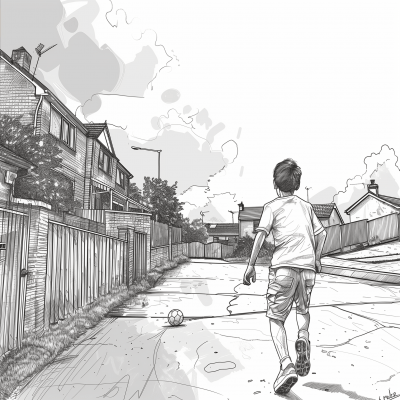 Young Boy Playing Football in Estate Streets
