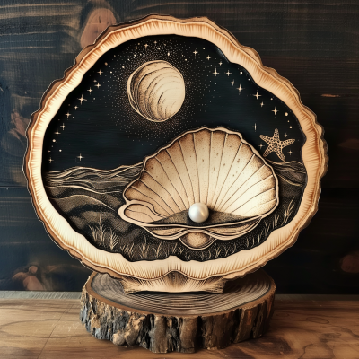 Wood burning of a clam shell and pearl