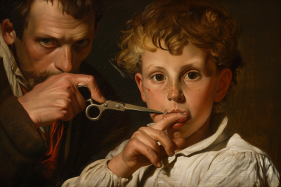 Boy with Thumb in Mouth and Man with Scissors