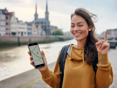Smiling woman showing smartphone in front of Dunkerque city