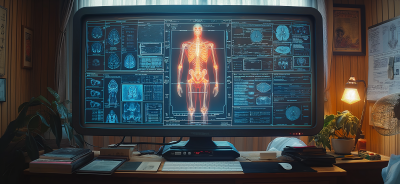 Futuristic Computer Monitor with Anatomy Book Program