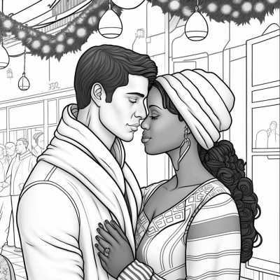 Black African American couple in traditional attire coloring page