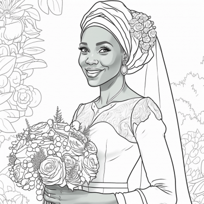 Happy African American Woman in Wedding Gown Coloring Page