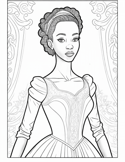 Adult coloring page of a young African American woman in a princess dress