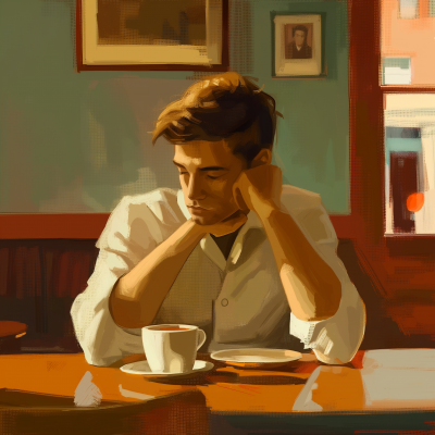 Expressionless Young Man Drinking Coffee at Cafe