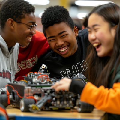 High School Robotics Students Working on a Robot