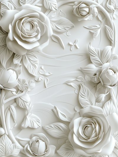 White 3D Art with Roses and Tribal Lines