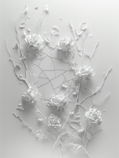 White 3D Art of Shattered Mirror with Roses and Tribal Lines