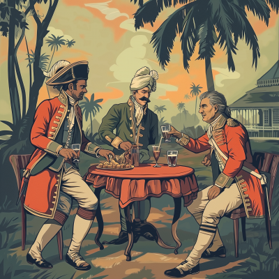British Army Officers and Kerala Waiter in 18th Century Comics Style Art