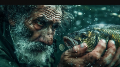 Ancient Jewish fisherman catching a fish with a coin