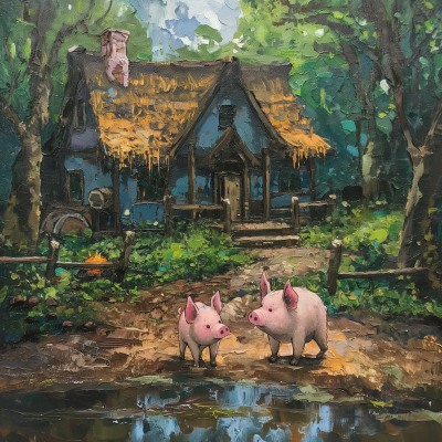 Three Little Pigs in a Studio Ghibli Styled Cottage