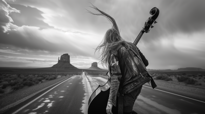 Musician playing double bass on open road