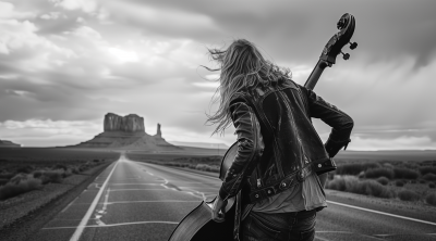 Musician Playing Double Bass on Open Road