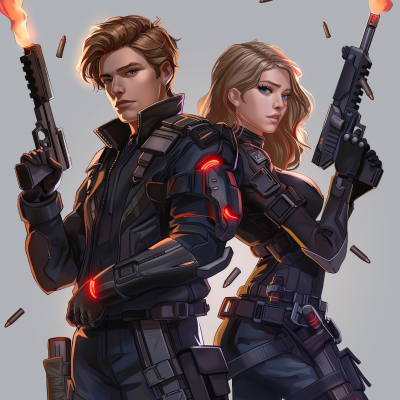 Siblings with gun props in black outfits