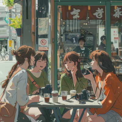 Friends Enjoying Coffee in Front of a Modern Storefront
